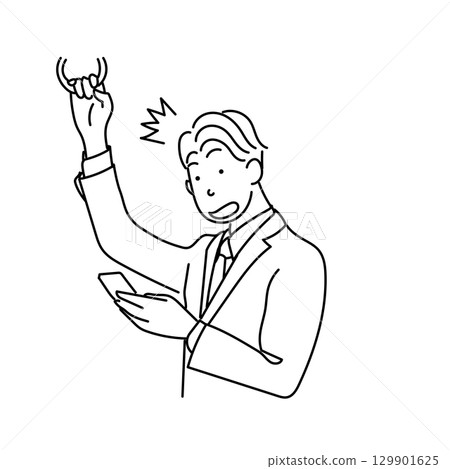 Stock Illustration: Line drawing vector of a businessman commuting to work surprised by his smartphone Stock Illustration: Line drawing vector of a businessman commuting to work surprised by his smartphone 129901625