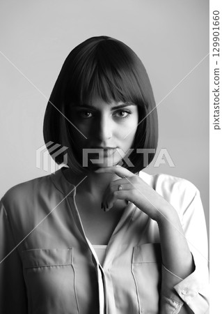 Beautiful woman with bob style haircut studio portrait Beautiful woman with bob style haircut studio portrait 129901660