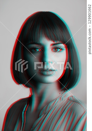 Woman fashion portrait in RGB color split effect style Woman fashion portrait in RGB color split effect style 129901662