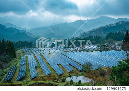 冬季，遍布山坡的太陽能發電設施 129901673