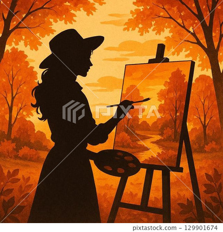 Woman painting an autumn landscape 129901674