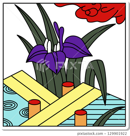 方形花札貼紙 - 鳶尾花、八橋花、鳶尾花、五月花、鳶尾花和八橋花 129901922