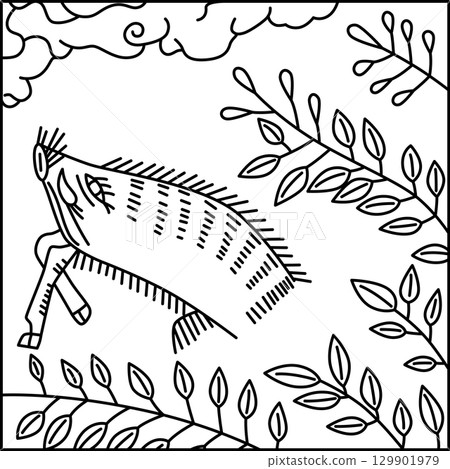 Line drawing square Hanafuda card, July, bush clover, boar, July, bush clover and boar 129901979