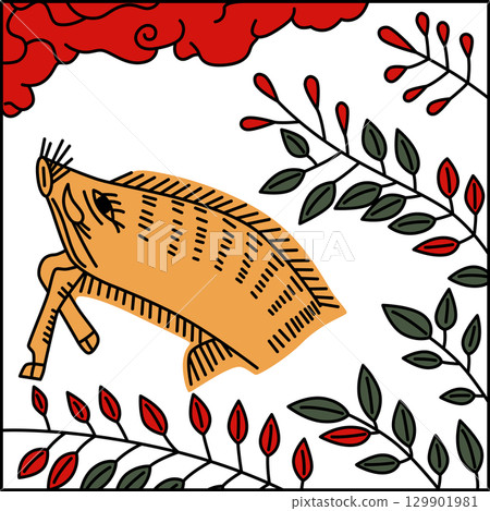 彩色方形花紮 - 七月、胡枝子、野豬，七月、胡枝子和野豬 129901981