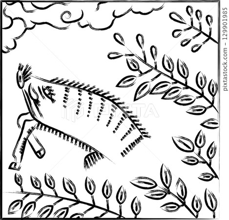 方形花紮，筆觸為七月、胡枝子、野豬，七月、胡枝子和野豬 129901985