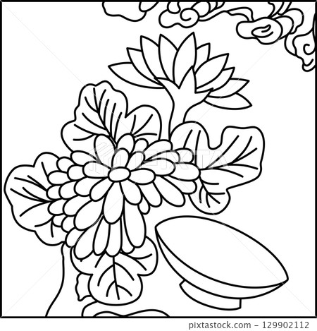 Line drawing square Hanafuda card Nagatsuki chrysanthemum sake cup September chrysanthemum sake cup 129902112