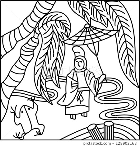 線描方形 Hanafuda 卡 - 下月、栃木、十一月、小野道風、栃木和小野道風 129902168