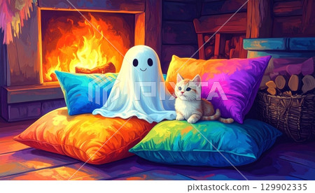 Little Ghost and Cat by the Fireplace in the Cottage Little Ghost and Cat by the Fireplace in the Cottage 129902335