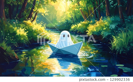 cute ghost, paper boat, river, cartoon, ghost character, water, playful, whimsical, outdoor, peaceful, nature, childhood cute ghost, paper boat, river, cartoon, ghost character, water, playful, whimsical, outdoor, peaceful, nature, childhood 129902336