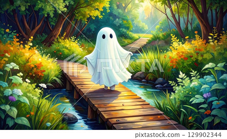 Little Ghost Walking on the Wooden Bridge over the River Little Ghost Walking on the Wooden Bridge over the River 129902344