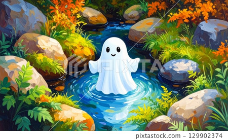 Cute little ghost playing in a small stream, clear water with gentle ripples, surrounded by rocks and green plants, bright and joyful atmosphere Cute little ghost playing in a small stream, clear water with gentle ripples, surrounded by rocks and green plants, bright and joyful atmosphere 129902374