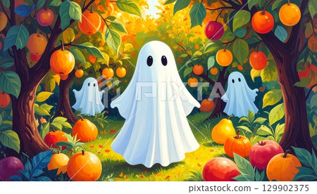 Cute little ghost sitting under an apple tree with apples gently falling, soft autumn light, calm and whimsical atmosphere Cute little ghost sitting under an apple tree with apples gently falling, soft autumn light, calm and whimsical atmosphere 129902375