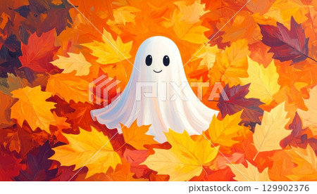Little Ghost in the Maple Leaves Pile in Spring 129902376