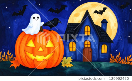 A spooky autumn night with a cartoon pumpkin and bats silhouetted against a full moon, perfect for a Halloween celebration A spooky autumn night with a cartoon pumpkin and bats silhouetted against a full moon, perfect for a Halloween celebration 129902420