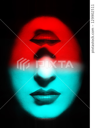 Close-up woman sparkling lips in RGB color effect 129902511