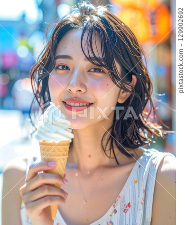 young woman eating ice cream 129902692
