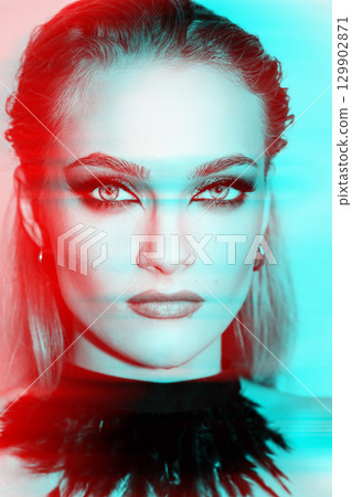 Beautiful woman with smokey makeup close up studio portrait in RGB color split effect Beautiful woman with smokey makeup close up studio portrait in RGB color split effect 129902871