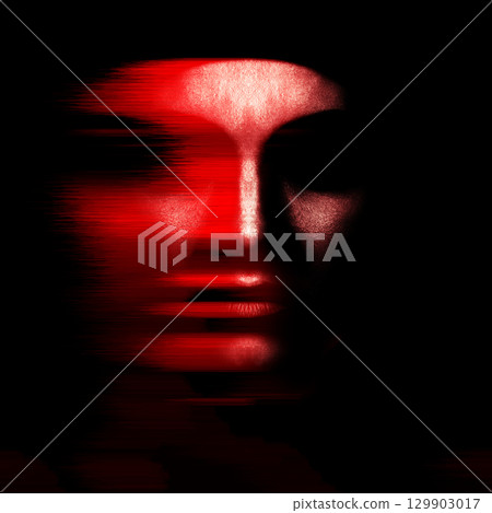 Abstract woman face silhouette portrait in red neon futuristic glitch hologram effect 129903017
