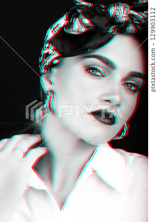 Studio portrait of beautiful woman with scarf on her head touching her neck with hand in rGB color split style Studio portrait of beautiful woman with scarf on her head touching her neck with hand in rGB color split style 129903112