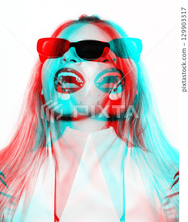 Beautiful woman close-up studio portrait with sunglasses make joyful facial expression in RGB color split effect style Beautiful woman close-up studio portrait with sunglasses make joyful facial expression in RGB color split effect style 129903317