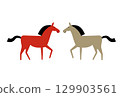 A minimalist illustration of two horses standing facing each other. Modern Japanese style. New Year's card material for the Year of the Horse. 129903561