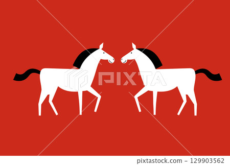 A minimalist illustration of two horses standing facing each other. Modern Japanese style. New Year's card material for the Year of the Horse. 129903562