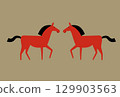 A minimalist illustration of two horses standing facing each other. Modern Japanese style. New Year's card material for the Year of the Horse. 129903563