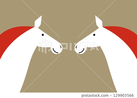 兩匹馬面對面的極簡主義插畫。馬年新年賀卡素材。日式現代設計。 兩匹馬面對面的極簡主義插畫。馬年新年賀卡素材。日式現代設計。 129903566