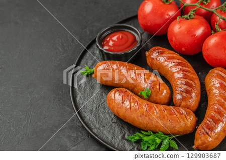 Grilled sausages with fresh tomatoes, parsley, and ketchup on black serving plate. top view. copy space Grilled sausages with fresh tomatoes, parsley, and ketchup on black serving plate. top view. copy space 129903687