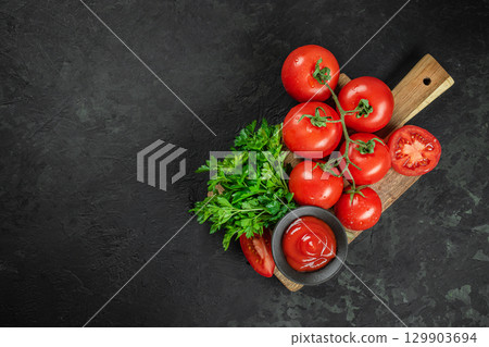 Fresh tomatoes with parsley and ketchup on wooden board. top view. copy space Fresh tomatoes with parsley and ketchup on wooden board. top view. copy space 129903694