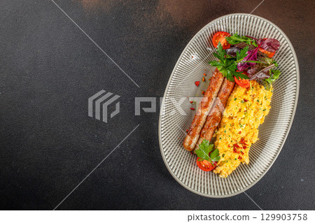 Scrambled eggs with herbs, grilled sausages, cherry tomatoes, and mixed greens served on a gray oval plate over a dark textured background, top view Scrambled eggs with herbs, grilled sausages, cherry tomatoes, and mixed greens served on a gray oval plate over a dark textured background, top view 129903758