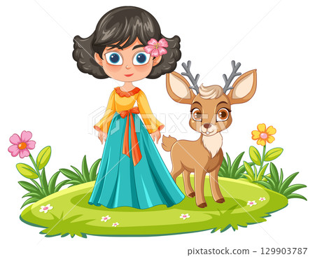 Girl With Flower and Young Deer in Garden 129903787
