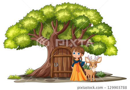Girl and Deer Standing by Treehouse Door Girl and Deer Standing by Treehouse Door 129903788