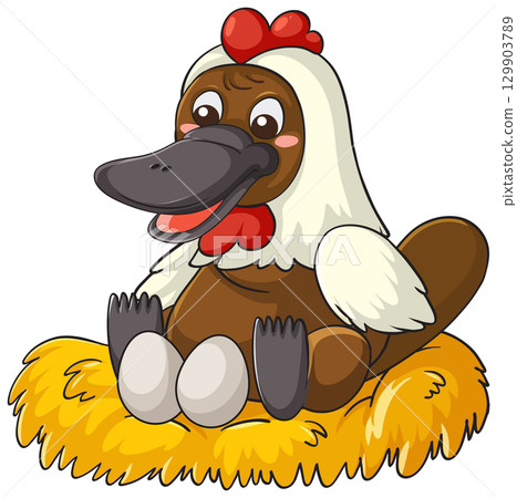 Cartoon Platypus Wearing Chicken Costume on Nest 129903789