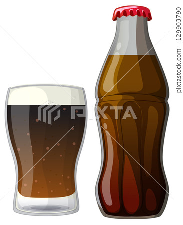 Glass and Bottle of Fizzy Cola Drink Illustration 129903790