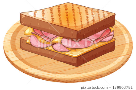 Grilled Ham and Cheese Sandwich on Wooden Plate 129903791