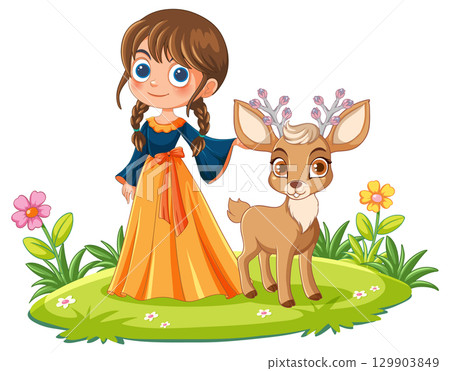 Young Girl With Braids and Deer in Flower Meadow Young Girl With Braids and Deer in Flower Meadow 129903849