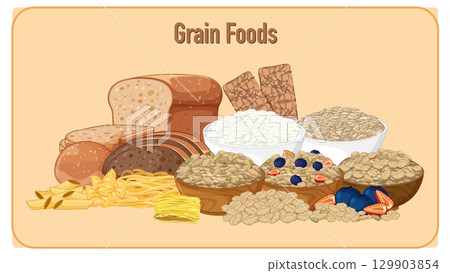 Assorted Grain Foods Including Bread, Pasta, and Oats 129903854