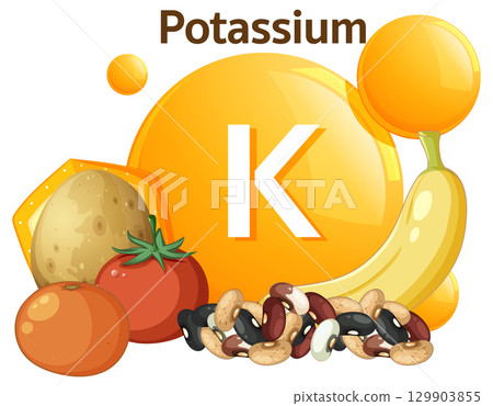 Potassium Rich Foods Vector Illustration with Fruits and Beans 129903855