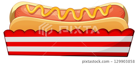 Hot Dog with Mustard in Striped Paper Tray Hot Dog with Mustard in Striped Paper Tray 129903858