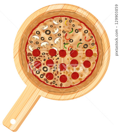 Top View of Mixed Topping Pizza on Wooden Board Top View of Mixed Topping Pizza on Wooden Board 129903859