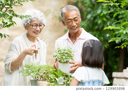老年夫婦與孩子園藝 129903896