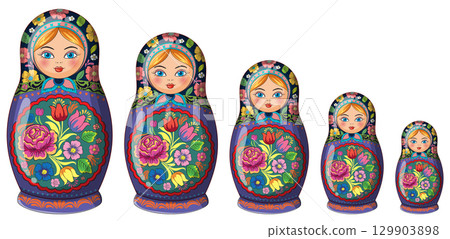 Traditional Russian Matryoshka Nesting Dolls in Floral Design 129903898