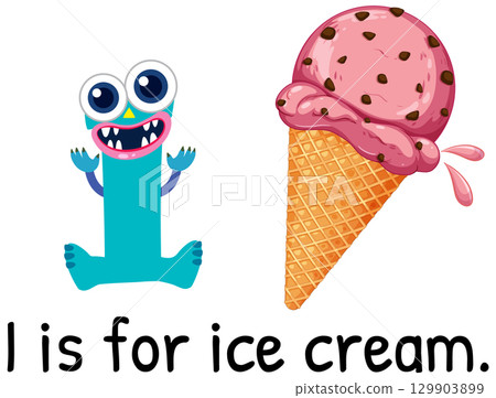 Alphabet Monster with Ice Cream Illustration 129903899