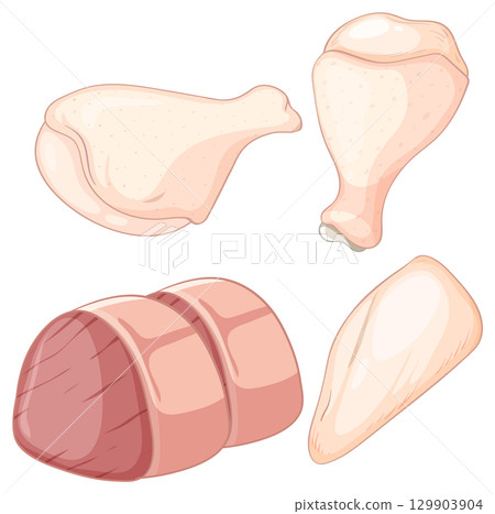 Raw Chicken and Beef Cuts Vector Illustration 129903904