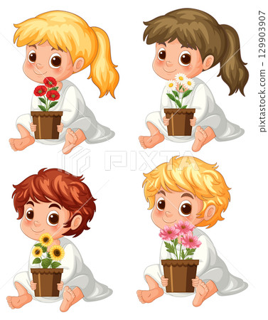 Cute Children Holding Flower Pots Vector... - Stock Illustration ...