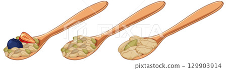 Wooden Spoons with Oatmeal and Fruit Toppings Wooden Spoons with Oatmeal and Fruit Toppings 129903914