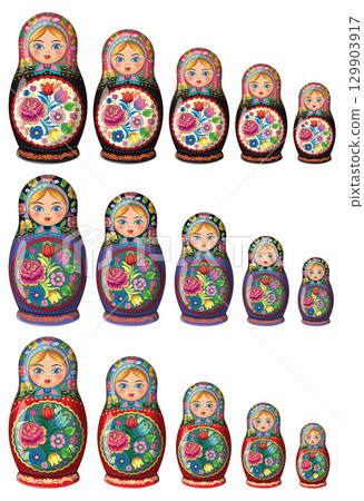 Traditional Russian Matryoshka Dolls in Three Color Variations Traditional Russian Matryoshka Dolls in Three Color Variations 129903917