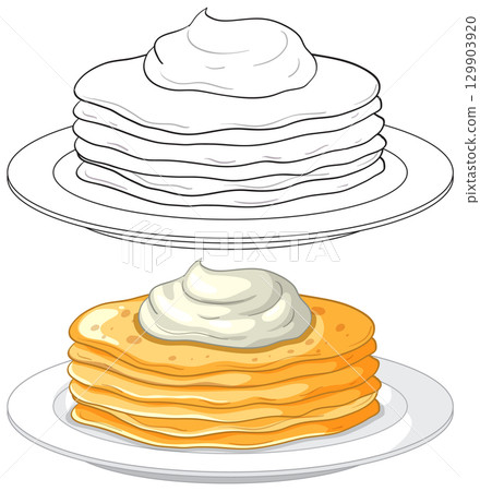 Stack of Pancakes with Cream on Plate Vector 129903920