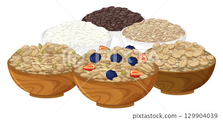 Assorted Oatmeal Bowls with Fresh Berries and Seeds 129904039